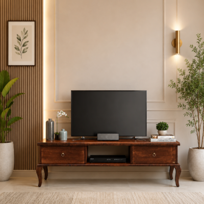 Marvique Solid Sheesham Entertainment Unit with Functional Display Shelves
