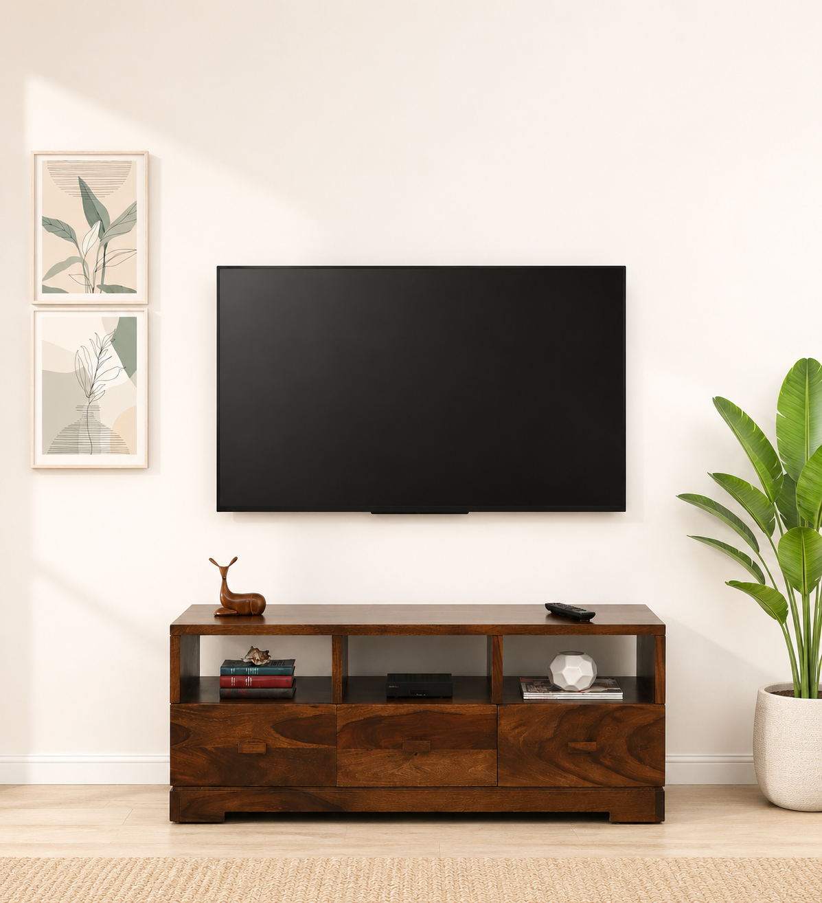 Noventra Solid Sheesham Wood TV Unit in Rich Walnut Finish with Storage (1) Noventra Solid Sheesham Wood TV Unit in Rich Walnut Finish with Storage - Image 1