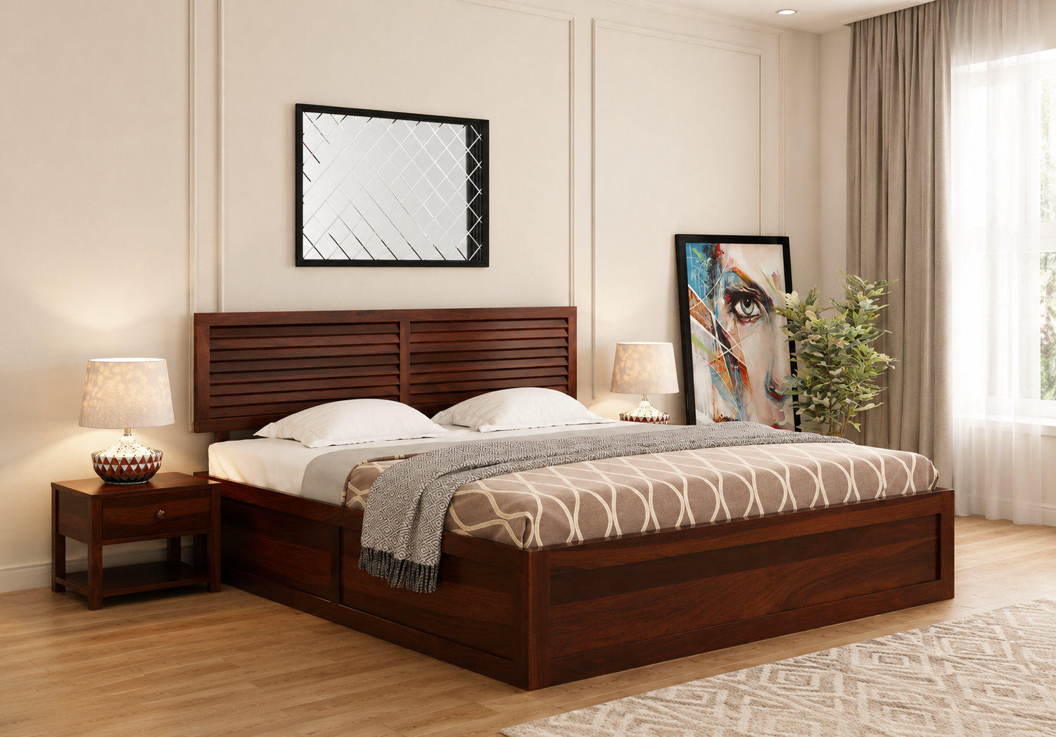 Orlena Handcrafted Wooden Bed with Spacious Storage Compartments (1) Orlena Handcrafted Wooden Bed with Spacious Storage Compartments - Image 1