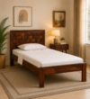 Selvora Solid Wood Single Bed with Traditional Carving in Warm Natural Finish
