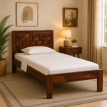 Selvora Solid Wood Single Bed with Traditional Carving in Warm Natural Finish