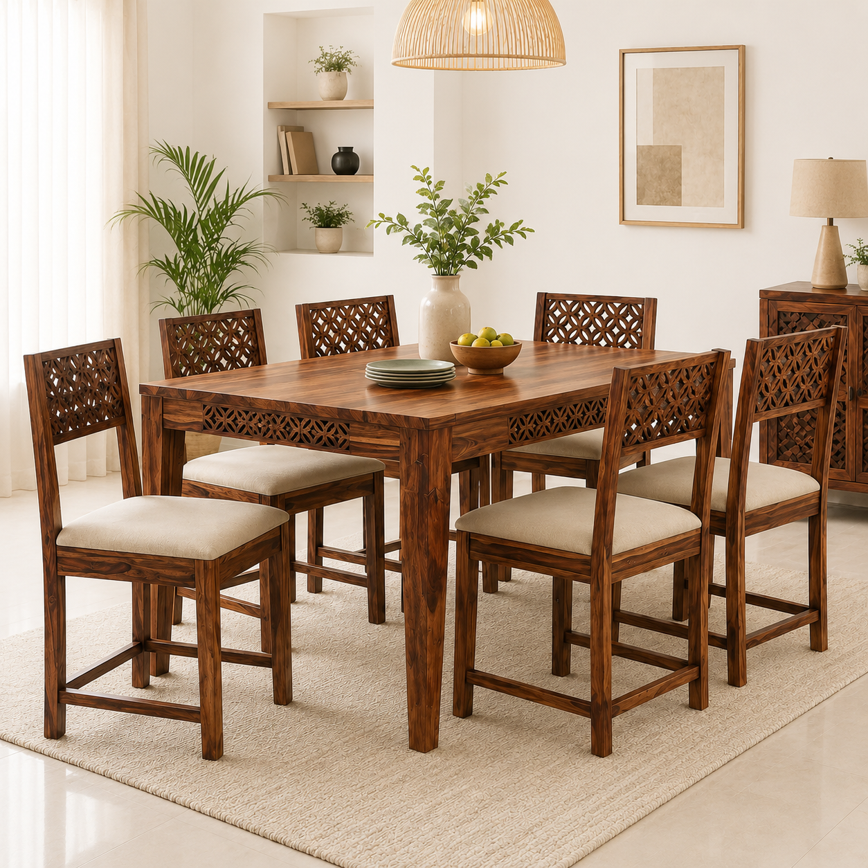 Solvian Luxury Wooden 6 Seater Dining Table and Chair Set (1) Solvian Luxury Wooden 6 Seater Dining Table and Chair Set - Image 1