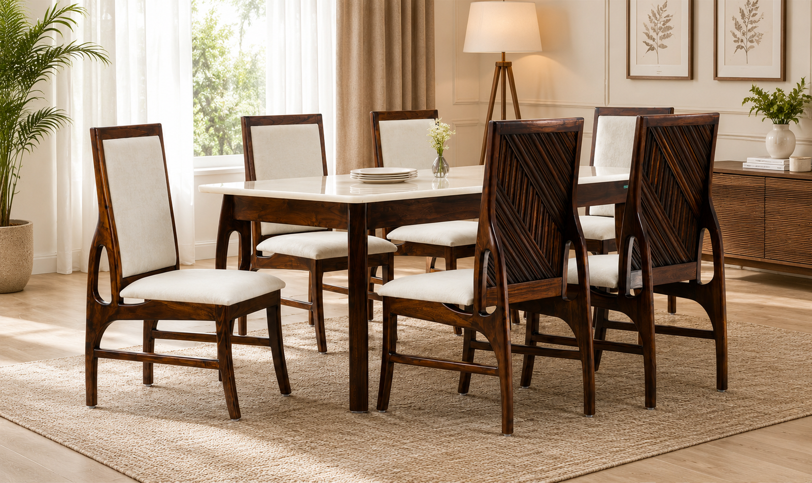Castellan Sheesham Wood 6 Seater Dining Set In Scratch Resistant Walnut Brown Finish With Bench (1) Castellan Sheesham Wood 6 Seater Dining Set In Scratch Resistant Walnut Brown Finish With Bench - Image 1