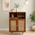 Saki Solid Wood Bar Cabinet with Wine Rack & Glass Storage in Wenge Finish