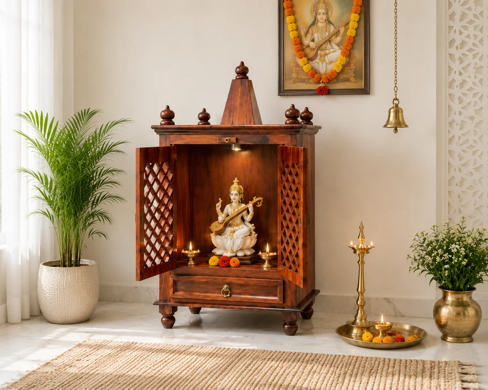 Ivaan Traditional Wooden Temple Cabinet for Home (6) Ivaan Traditional Wooden Temple Cabinet for Home - Image 1