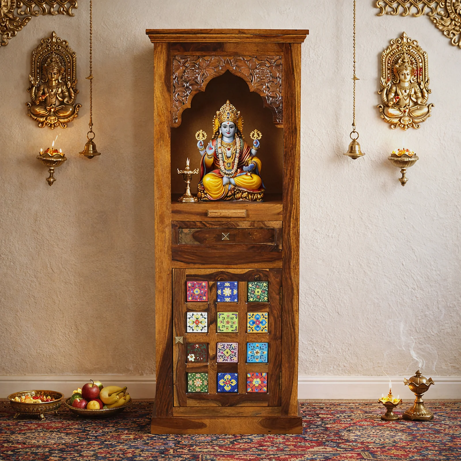 Tanvika Classic Wooden Pooja Ghar with Drawer Storage (6) Tanvika Classic Wooden Pooja Ghar with Drawer Storage - Image 1